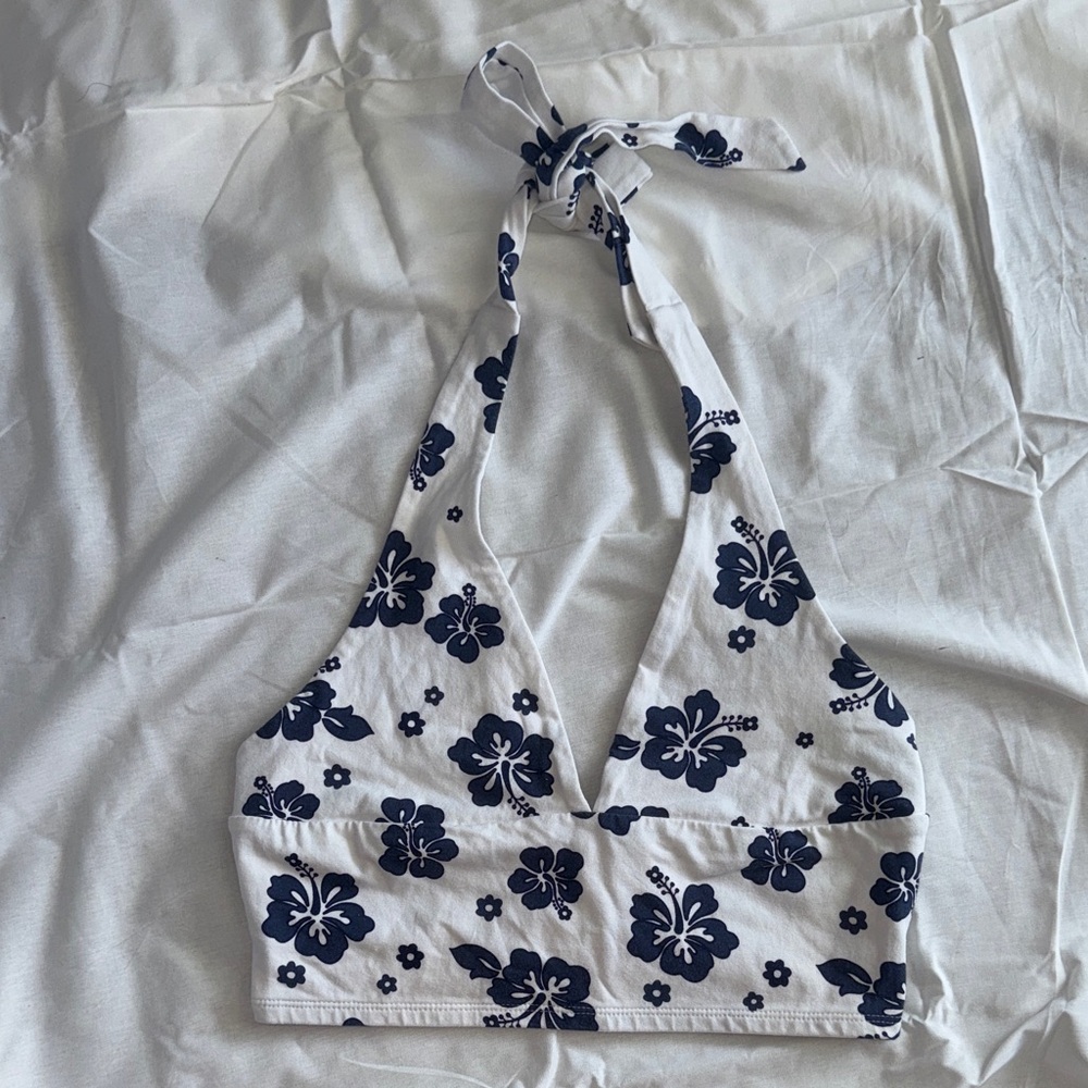 Garage White Halter Tank Top with Navy Floral Print
